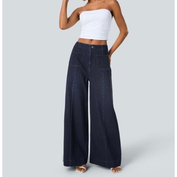 Halara Flex High Waisted Wide Leg Jeans With Pockets Washed Dark Denim Size L - Picture 1 of 9